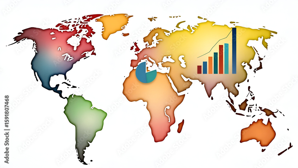 Poster realistic watercolor illustration of world gdp distribution displaying colorful pie charts and bar g