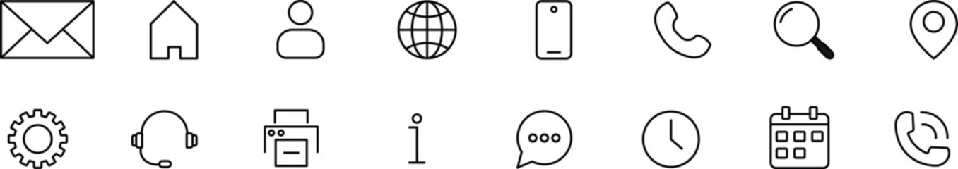 Contact icon set. Thin line and Solid icons vector collection. Web icon set. Phone, name, website, address, location and mail,  fax, info, logo symbol sign pack. Business icon for company.
