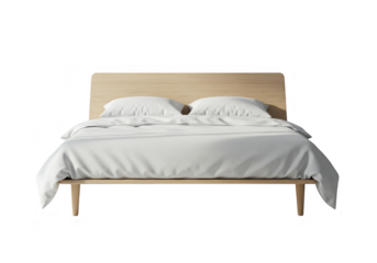 A modern minimalist bed with white linens and two pillows, isolated on a transparent background
