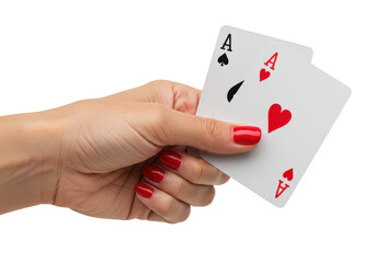 A womans hand with red nail polish holds two aces of spades and hearts, isolated on white isolated on transparent background