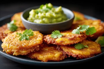Deliciously crispy patacones with fresh guacamole on a stylish plate