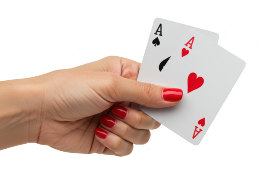A womans hand with red nail polish holds two aces of spades and hearts, isolated on white isolated on transparent background