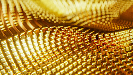 Wave structure of gold cubes. 3D rendering illustration.