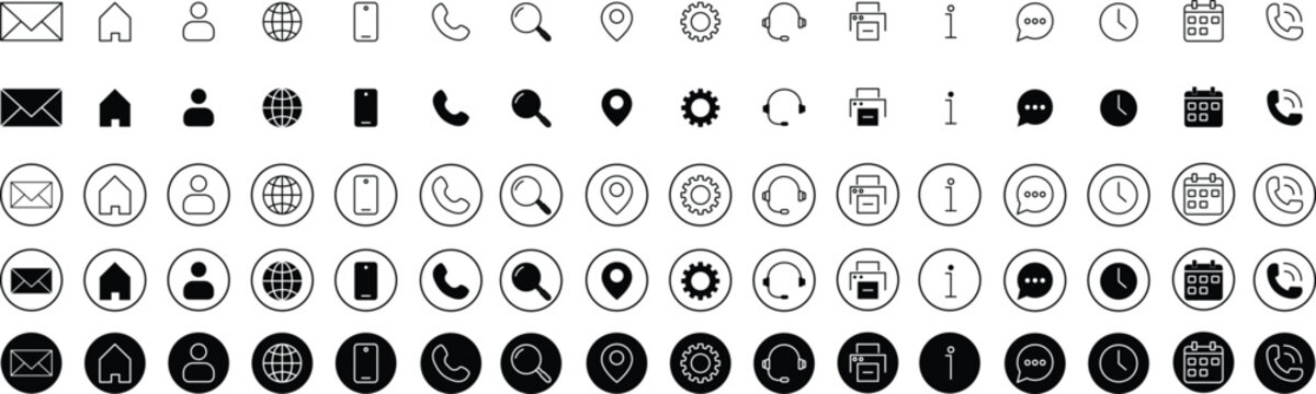 Contact icon set. Thin line and Solid icons vector collection. Web icon set. Phone, name, website, address, location and mail,  fax, info, logo symbol sign pack. Business icon for company.
