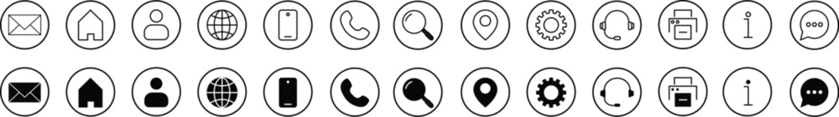 Contact icon set. Thin line and Solid icons vector collection. Web icon set. Phone, name, website, address, location and mail,  fax, info, logo symbol sign pack. Business icon for company.
