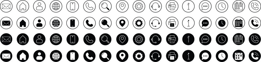 Contact icon set. Thin line and Solid icons vector collection. Web icon set. Phone, name, website, address, location and mail,  fax, info, logo symbol sign pack. Business icon for company.
