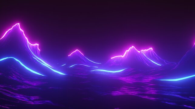 Glowing Mountain Landscape with Neon Lights in Abstract Cyberpunk Style
