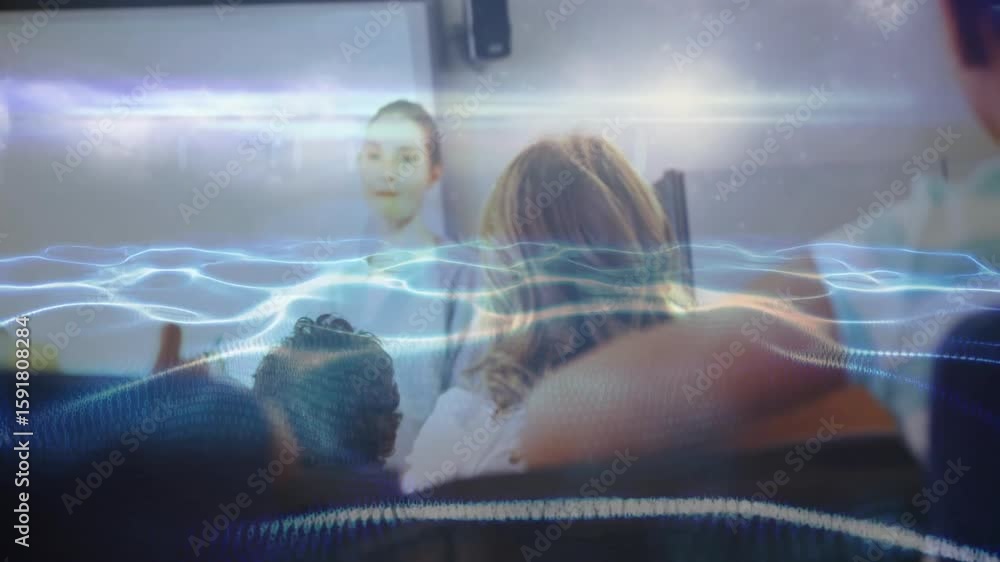 Poster digital wave drifting across class causing teacher raising pointer at board and pupil lifting hand
