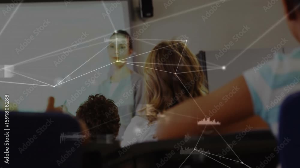 Aufkleber child lifting hand attracting teacher focus while network overlay animating across class for lesson
