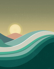 Retro Sunset Landscape with Wavy Hills and Vintage Colors