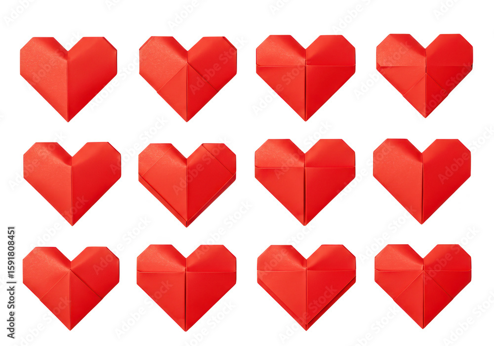 Poster a collection of twelve red origami hearts arranged in a grid pattern, isolated on a transparent back
