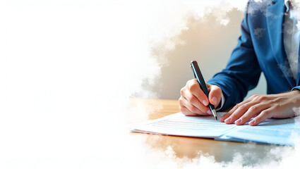 Government Official Signing Trade Agreement with Flags and Tariffs - Watercolor Corporate Imagery with Empty Space for Text