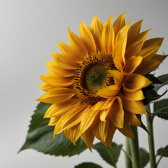 Bright Yellow Sunflower in Bloom with Green Leaves on Neutral Background