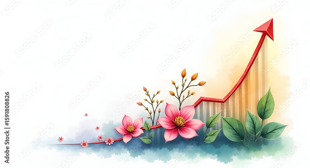 Aufkleber realistic watercolor depiction of economic growth visualization featuring rising line graph integrat