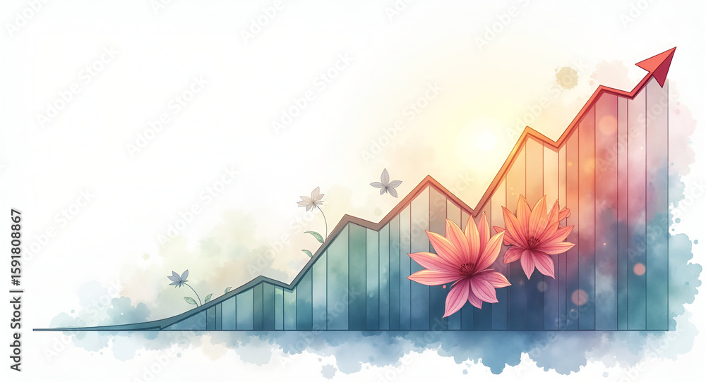 Poster realistic watercolor depiction of economic growth visualization featuring rising line graph integrat