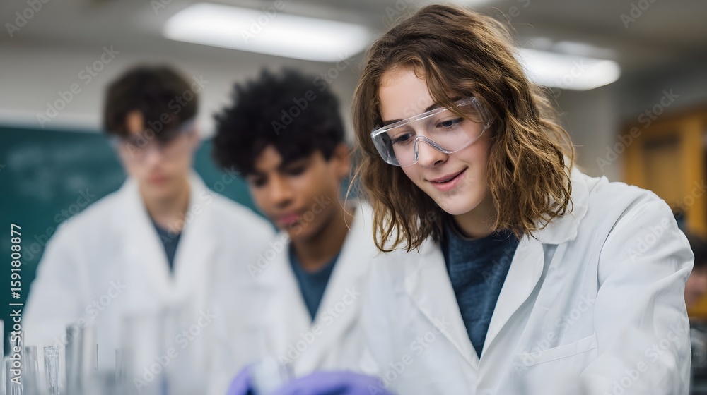 Poster students conducting a biology lab experiment in a classroom setting