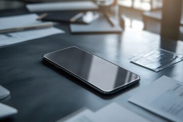 Smartphone on Desk: A sleek smartphone rests on a modern office desk, surrounded by paperwork and other office supplies. The device's screen is blank, providing a clean canvas for your message.