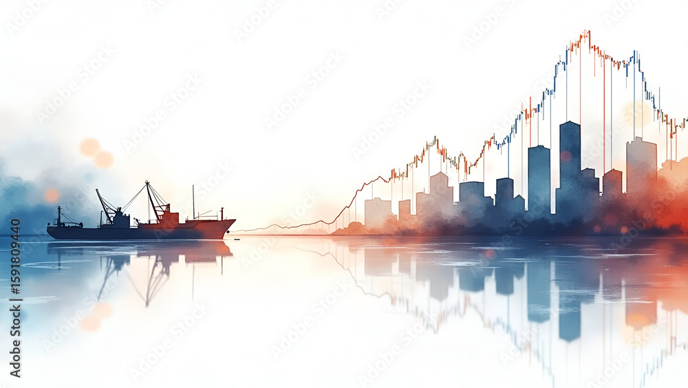 Poster realistic watercolor painting of international market dynamics: cargo shipments and digital graphs w