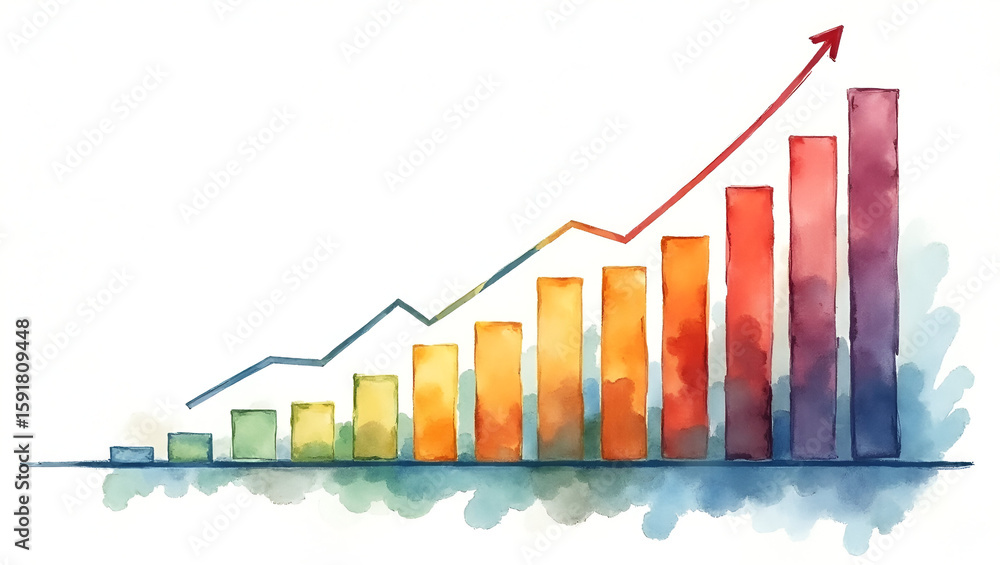 Poster realistic watercolor business graph illustration: multi-year performance bars on canvas with crisp b