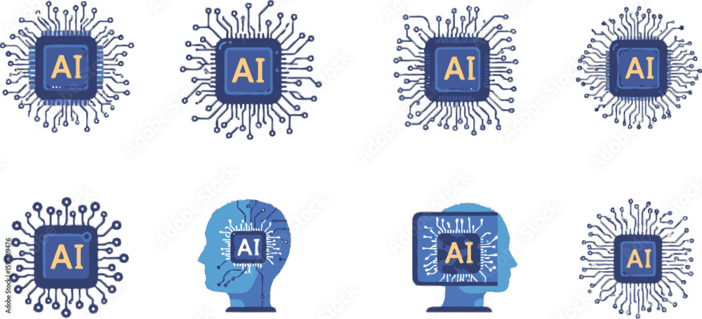 Poster vector art of a set of artificial intelligence chip icons and human head icons isolated on transpare