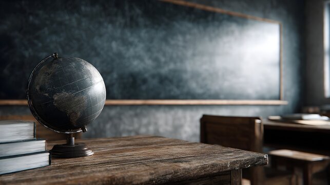 Cozy classroom setting with globe books and chalkboard