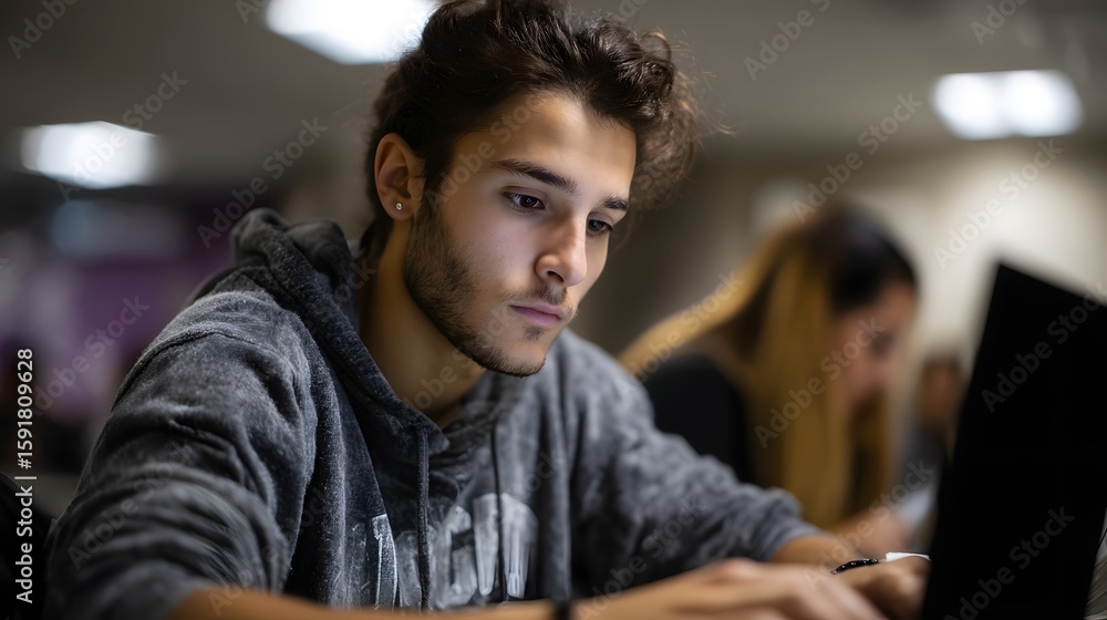 Poster student working on an assignment in a shared study area with collaborative lighting