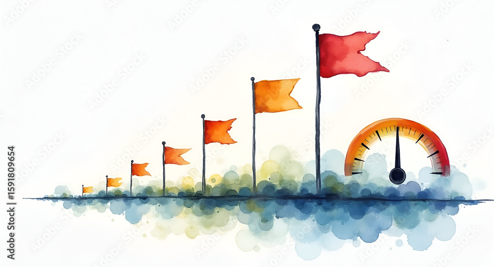 Poster watercolor painting of milestone scene: abstract timeline markers, flags, and progress gauge on text