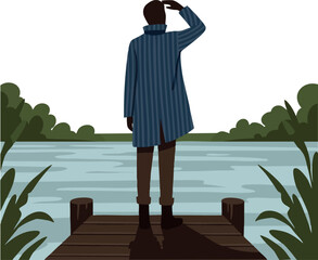Man standing on wooden pier looking at lake surrounded by green trees vector illustration
