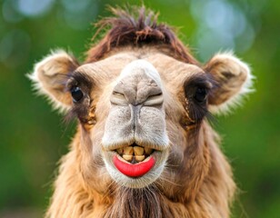 Close-up of a camel's face with a red object in its mouth