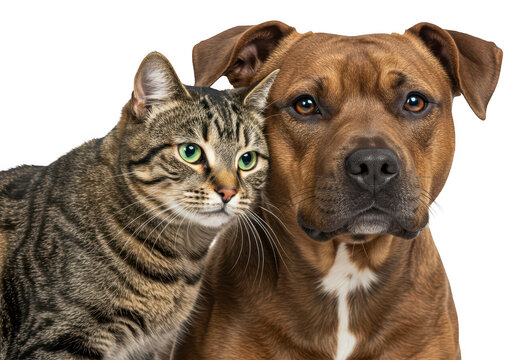 A friendly pitbull dog and a tabby cat are close together, looking forward, isolated on white isolated on transparent background