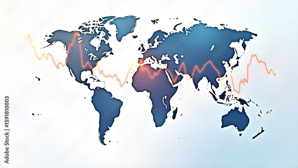 Poster realistic watercolor depiction of a dynamic future world economy map overlaying stock index curves o