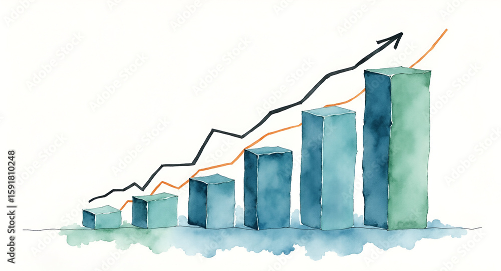 Poster realistic watercolor illustration of revenue growth chart: ascending line graph & bar chart on textu