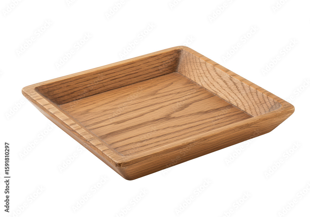 Aufkleber an empty square wooden tray with visible wood grain, presented in a simple design isolated on white 