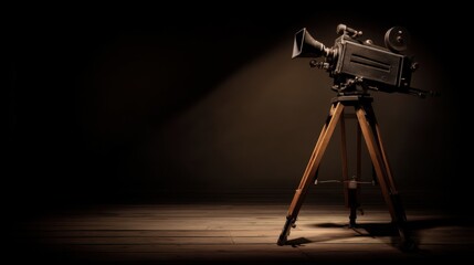 Vintage film camera on a wooden tripod with metallic body, knobs, and horn-like attachment, illuminated by a dramatic beam of light against a dark shadowy background.
