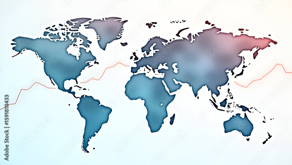 Poster realistic watercolor depiction of a dynamic future world economy map overlaying stock index curves o