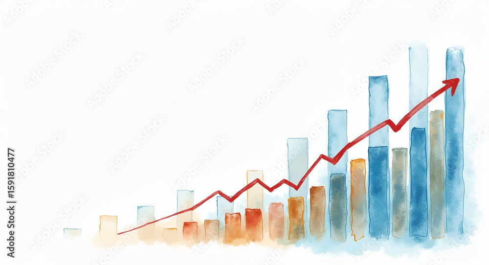 Poster watercolor style annual business analysis meeting: realistic financial metrics growth overview with 