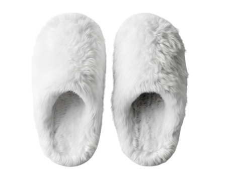 Top-Down View of Open Heel White Fuzzy House Slippers with Fluffy Inner Lining, Isolated on Transparent Background
