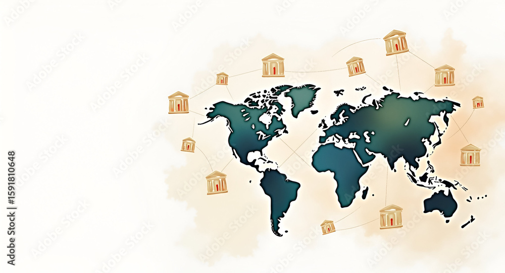 Poster realistic watercolor illustration of global finance network: interlinked banking nodes & stock ticke