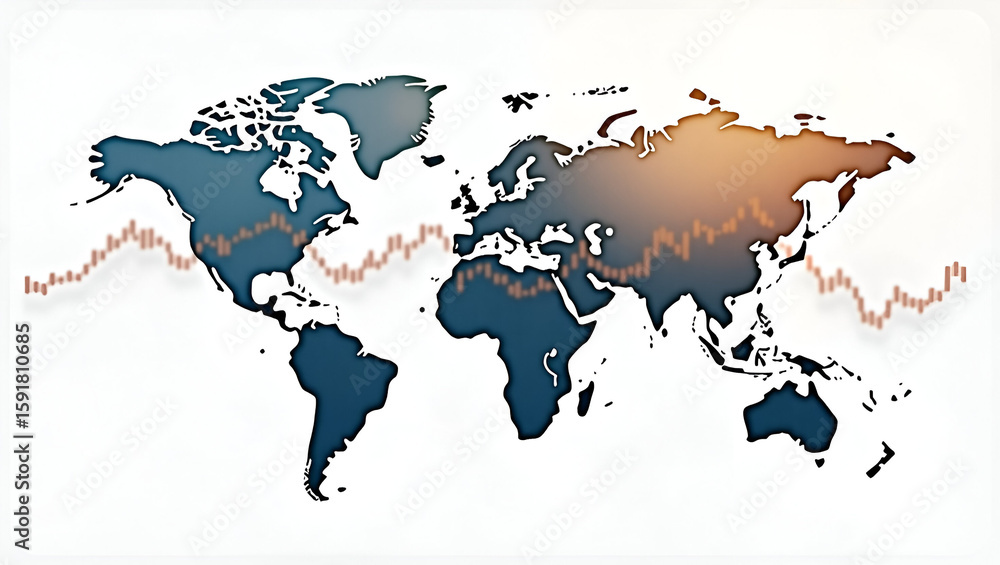 Poster stock market graphs representing worldwide investment trends overlaying global map watercolor render