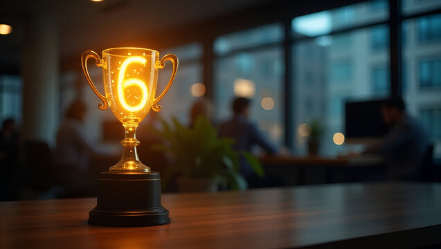 High resolution photograph capturing six months achievement milestone celebration corporate workspace featuring trophy illumination team recognition realistic style in  Photo Stock  Concept  and empty