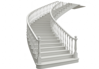A grand white curved staircase with ornate balustrades, isolated on a transparent background