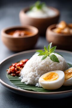 Traditional nasi lemak with rice, sambal, boiled egg, and peanuts served on a banana leaf plate