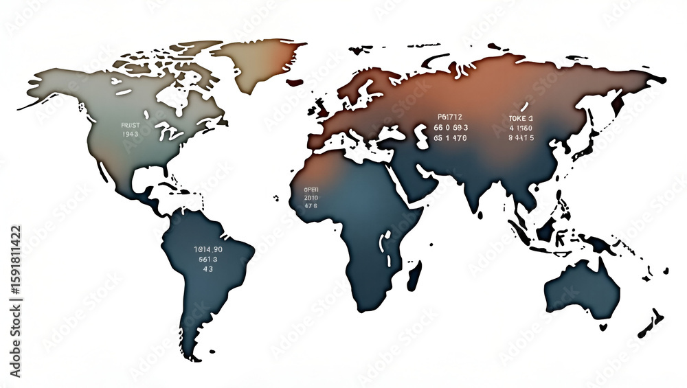 Poster realistic watercolor world gdp analysis: abstract globe silhouette with numeric data overlays and fi