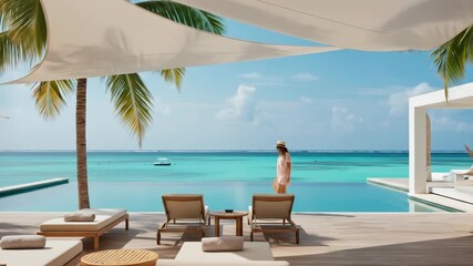 Tropical Getaway: A woman in her 30s enjoys serene luxury at a beachfront villa with infinity pool, clear blue water, and white sand on a bright summer day.