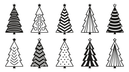 Stylized Christmas trees with various patterns silhouettes