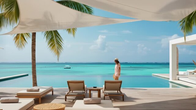 Tropical Getaway: A woman in her 30s enjoys serene luxury at a beachfront villa with infinity pool, clear blue water, and white sand on a bright summer day.