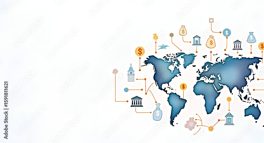 Poster realistic watercolor illustration of global finance network: abstract data flow lines connecting fin