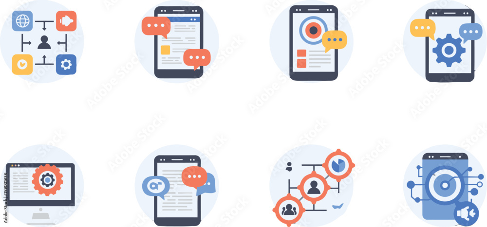 Poster vector art of flat design icons representing mobile app development, social media, and data analytic