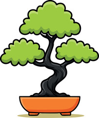 Bonsai tree with twisted trunk in orange pot digital vector illustration art