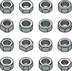 "Set of Metal Nuts Vector Icons – Clean Threaded Fasteners for Industrial and Mechanical Use"

